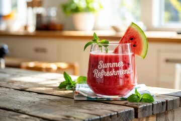 A photograph of a vibrant watermelon smoothie sitting on a rustic wooden table
