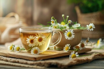 Healthy chamomile tea or infusion, mortar and daisy herbs on wooden board