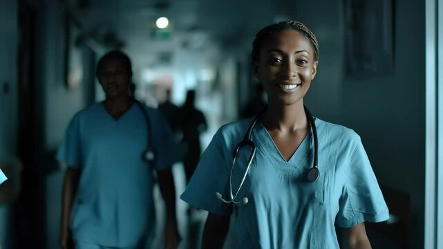 Confident female doctor walking in hospital hallway. Nurse wearing stethoscope in clinic corridor. Professional healthcare worker walks through hospital. Confident nurse in clinic with stethoscope