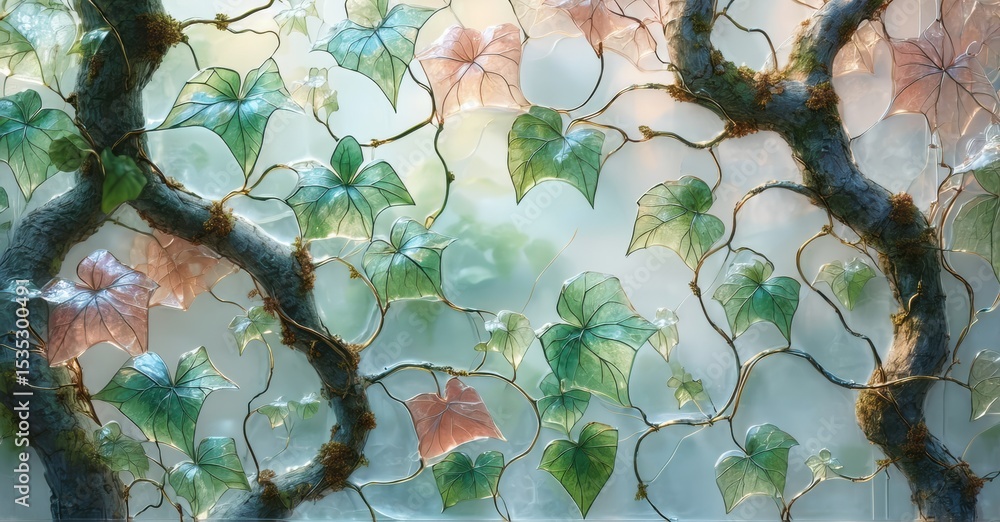 Poster Intricate branches support vibrant foliage. Leaves display translucent quality, creating dreamy, ethereal effect. Soft light filters through greenery.