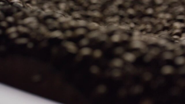 Roasted coffee beans cascading in slow motion, revealing rich brown texture and aromatic details of carefully roasted agricultural crop against neutral background