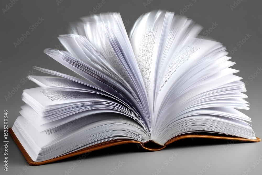 Poster pages of an open book fluttering in motion, creating a sense of dynamic reading experience