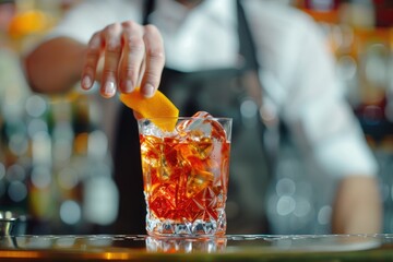 Flawless Picture of a Bartender Prepares a Negroni Cocktail