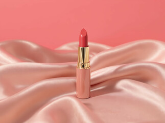 Matte lipstick lying on silky fabric, color coordinated background

