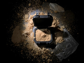 Open compact case with highlighter dust surrounding it, dramatic lighting, top-down view

