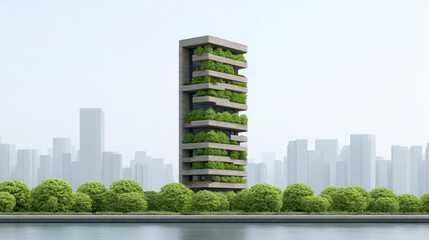 Fototapeta premium Futuristic residential tower with integrated vertical gardens stands by water, surrounded by lush greenery and modern city skyline, evoking sense of tranquility