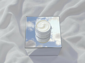 Simple top view of faceless balm jar on mirror cube with sky reflection

