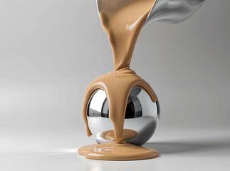 Thick foundation ribbon poured onto reflective chrome sphere, abstract curves

