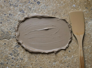 Thick smear of clay mask across a raw stone surface, accompanied by a faceless spatula

