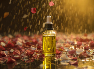 Unlabeled face oil bottle under a rain of flower petals, golden hour lighting

