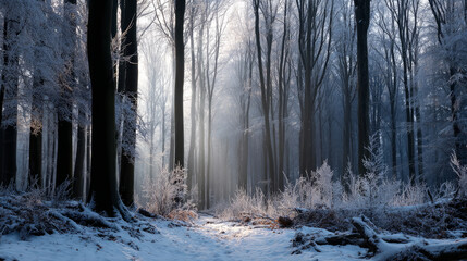 Beautiful forest background for screensaver. with sunbeams. Calm close-up of fairytale forest and nature landscape, panorama. Summer vacation, holiday, amazing nature. winter