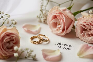 A photograph of a delicate arrangement featuring two intertwined gold wedding rings resting on a bed of soft, white silk