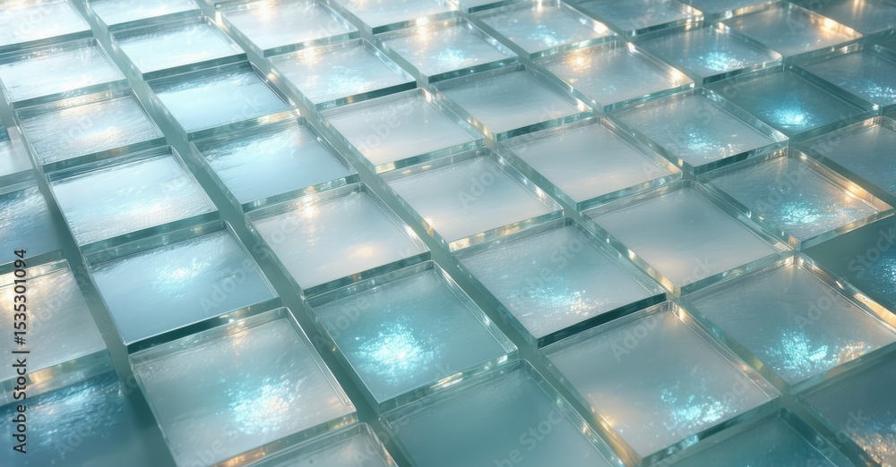 Poster grid pattern, translucent squares. light reflects, creates shimmering effect. cool tones dominate co