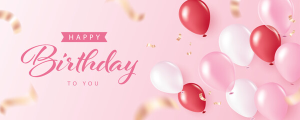 Happy birthday banner with balloons and confetti. illustration for banner, poster, flyer and advertisement.