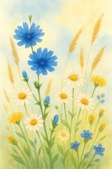 Blue cornflowers blooming against a soft yellow watercolor background with wild grass silhouettes, in a delicate, dreamy grunge style.