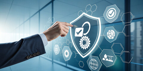 Businessman Hand Touches a Shield for DevOps Ensuring Efficiency