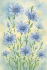 Fototapeta premium Blue cornflowers blooming against a soft yellow watercolor background with wild grass silhouettes, in a delicate, dreamy grunge style.