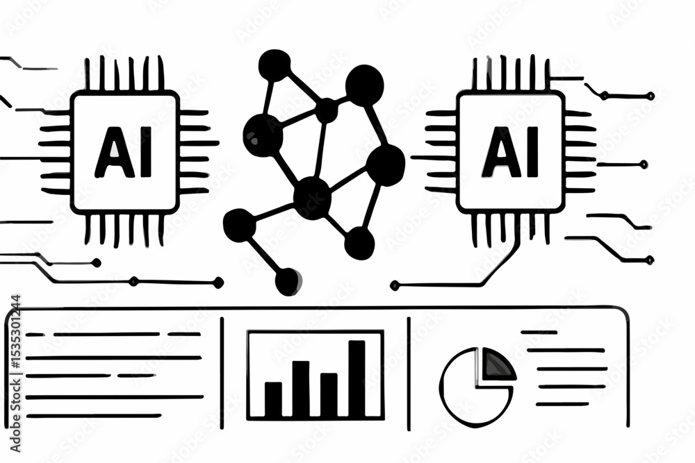 Poster artificial intelligence data analysis a black and white illustration showcases ai chips a network gr