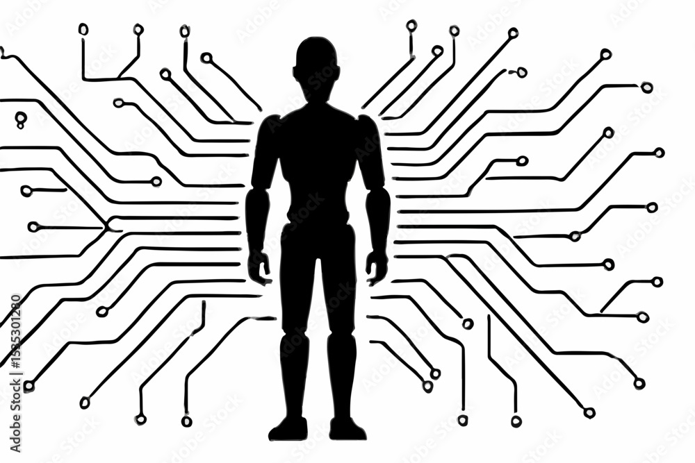 Poster silhouette of a humanoid figure surrounded by circuit board lines illustrating the connection betwee