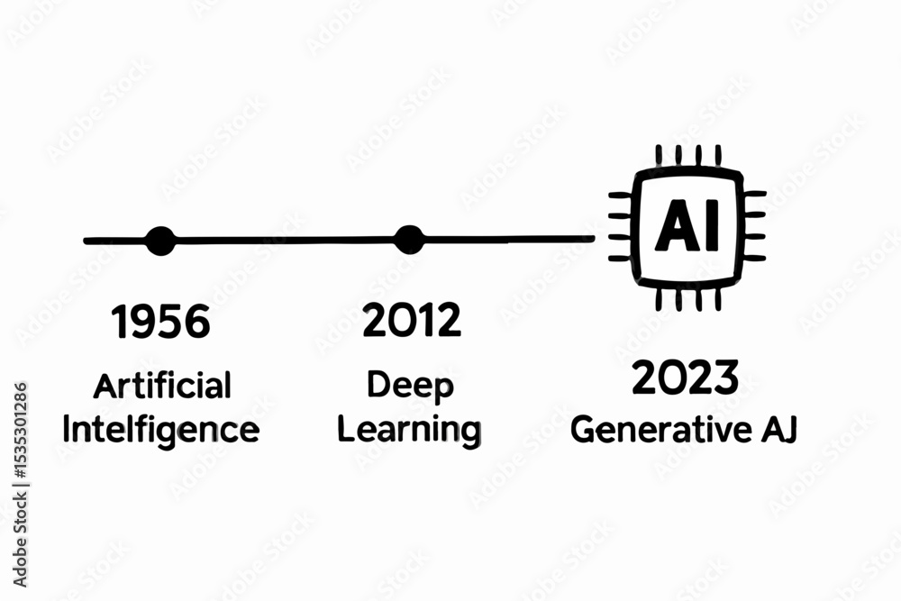 Poster artificial intelligence timeline from inception to generative ai a visual representation of the evol