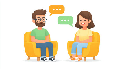 Obraz premium Two people sitting in yellow armchairs having friendly conversation, both smiling and relaxed, with speech bubbles above them indicating communication and positive feedback