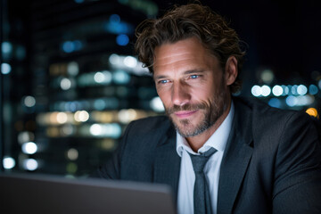 Professional man working late at night in a modern office with city skyline view