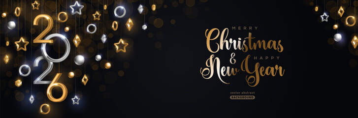 Merry Christmas and Happy New Year banner, hanging gold and silver 3d baubles and 2026 numbers on black background. Vector illustration. Winter holiday geometric decorations, modern poster flyer