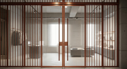 Contemporary Retail Space Entrance with Rust-Colored Metal Slatted Doors and Translucent Glass, Revealing Minimalist Interior