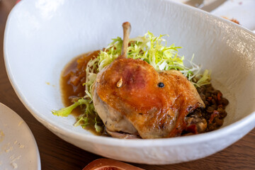 Roasted Duck Leg with Fresh Greens