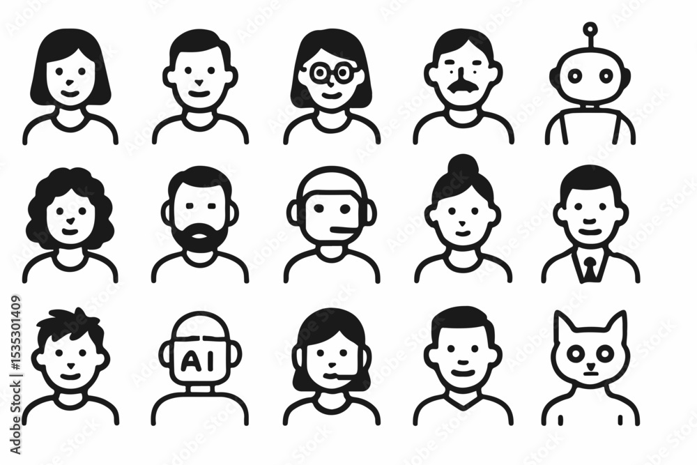 Poster diverse avatar collection a variety of people robots and animals represented in simple black and whi