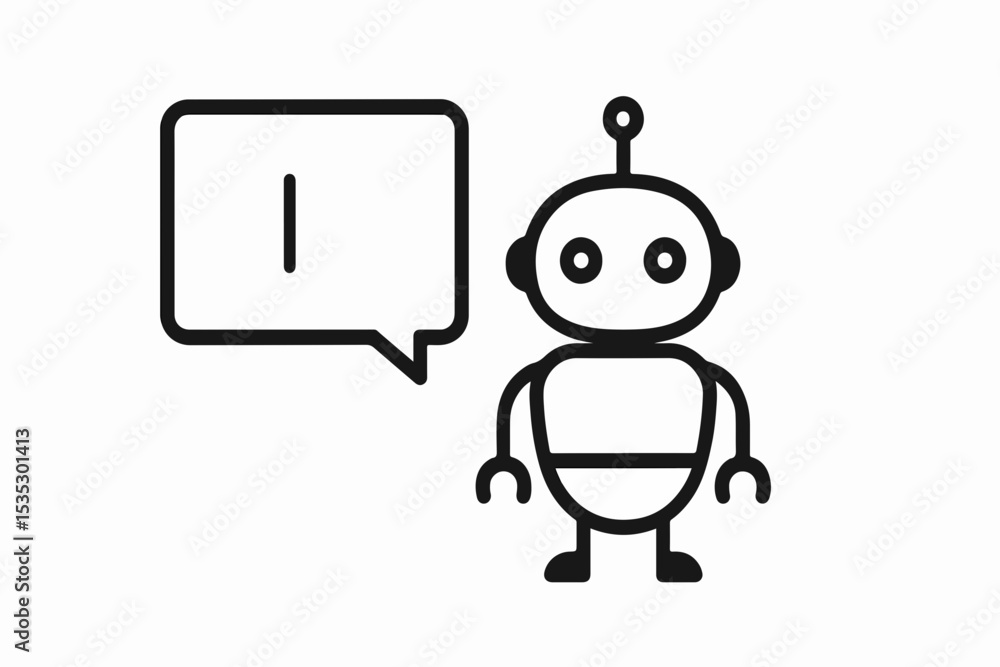 Poster simple black and white robot icon with speech bubble representing artificial intelligence and commun