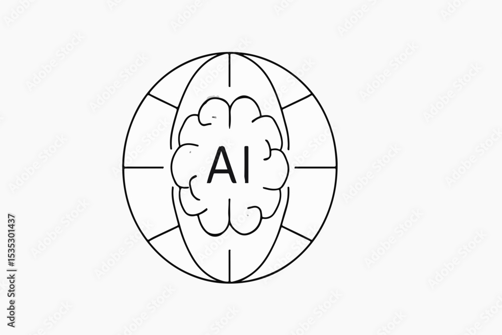 Poster a minimalist black and white illustration of artificial intelligence a brain encased in a globe symb
