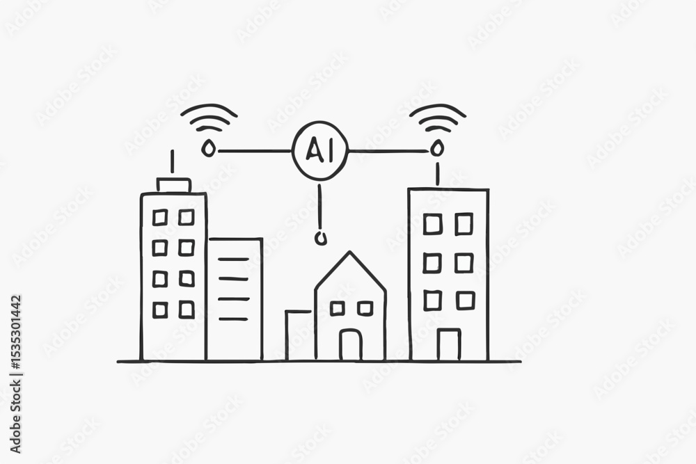 Poster artificial intelligence connecting a cityscape a simple line drawing depicting ai integration in urb