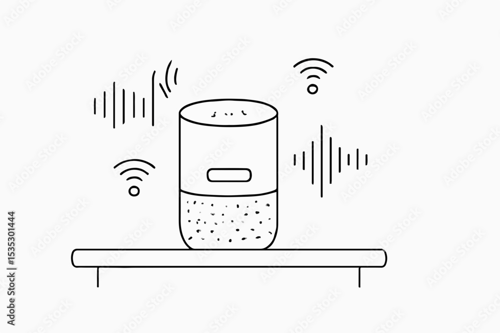 Poster minimalist line art illustration of a smart speaker on a shelf with wifi and sound wave symbols repr