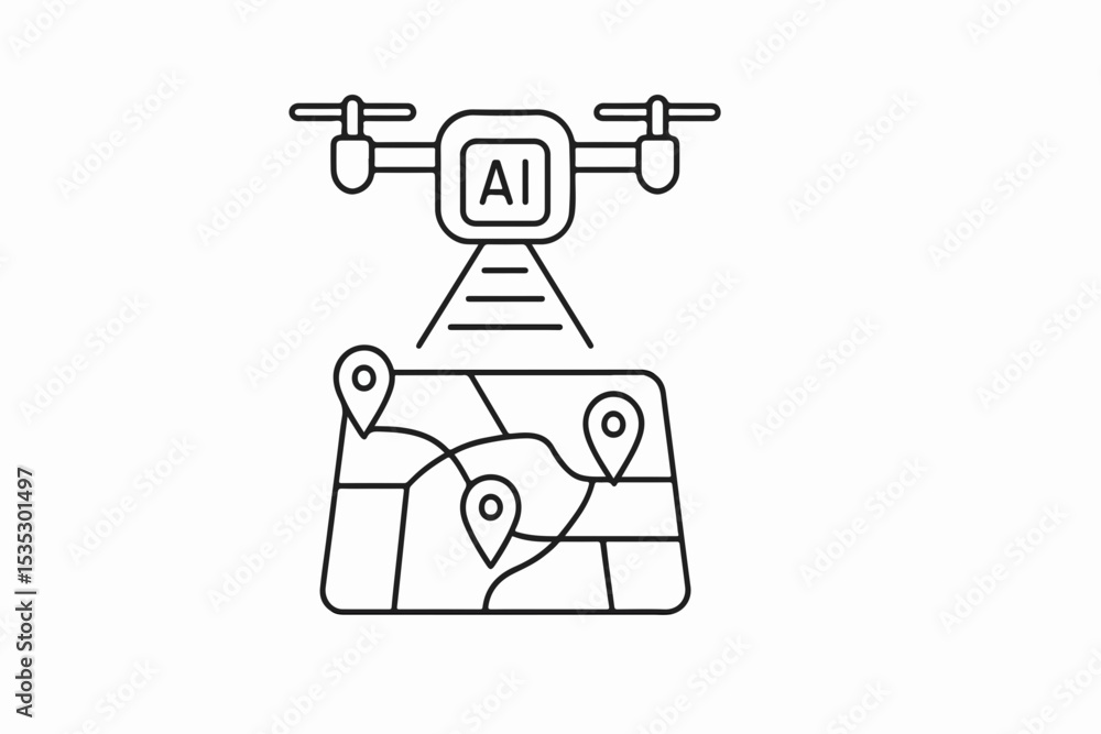 Poster artificial intelligence drone mapping locations a line art illustration depicting a drone labeled wi
