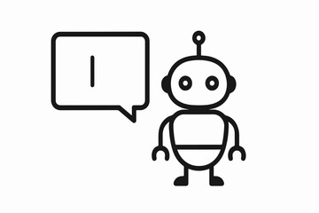 Simple Black and White Robot Icon with Speech Bubble Representing Artificial Intelligence and Communication Technology with a Clean and Minimalist Design on a White Background