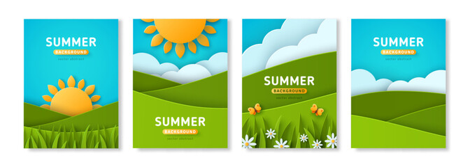 Summer poster set, paper cut style banner, abstract countryside hill landscape. Vector illustration. Eco agriculture flyer, farm field brochure template. Place for text. Spring sun clouds background