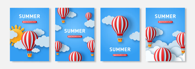 Red vintage hot air balloons poster set, paper cut clouds on blue sky. Cappadocia festival vacation tour banner flyer. Vector illustration. Place for text. Romantic journey weekend background.