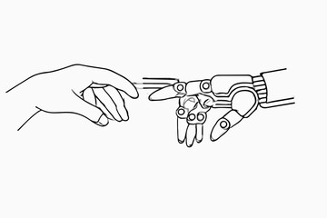 Human and Robot Hand Connection A Symbolic Representation of Technology and Humanity s Intertwined Future Depicted in a Minimalist Black and White Line Art Style