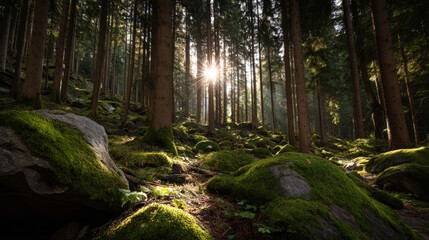 Obraz premium Beautiful forest background for screensaver. with sunbeams. Calm close-up of fairytale forest and nature landscape, panorama. Summer vacation, holiday, amazing nature.
