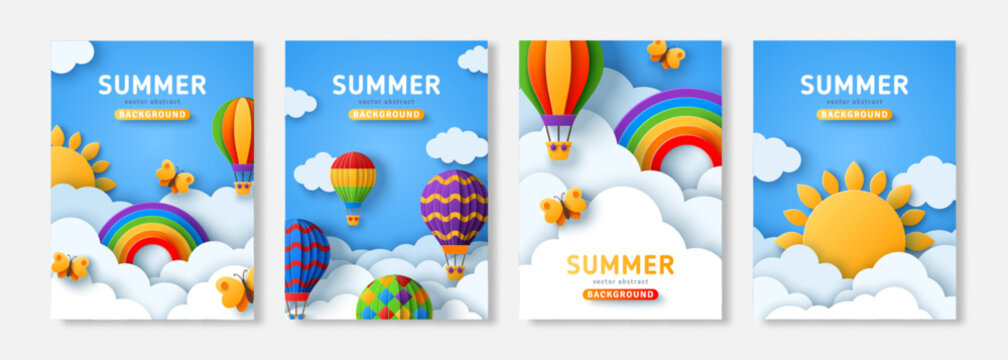 Summer poster set, paper cut clouds on blue sky, banner flyer, baby birthday card. Vector illustration. Place for text. Spring weekend vacation background. Sun, butterfly, hot air balloons, rainbow