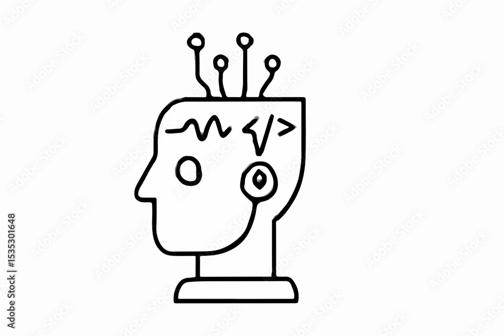 Poster artificial intelligence and coding concept a stylized outline of a head with circuitry code symbols 
