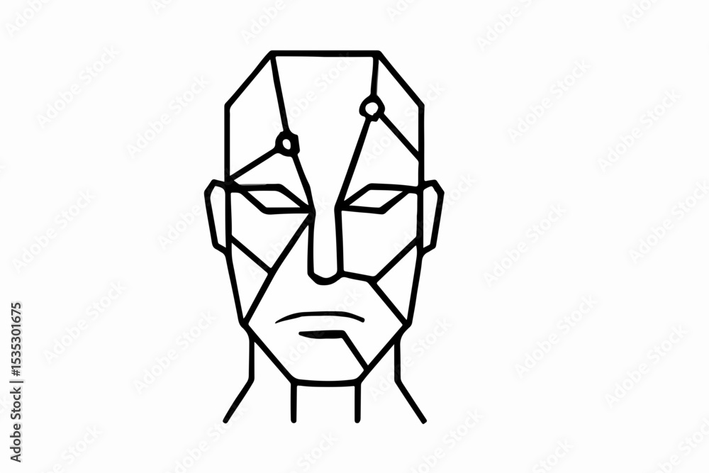 Poster geometric robot face design a minimalist black and white illustration of a futuristic humanoid head 