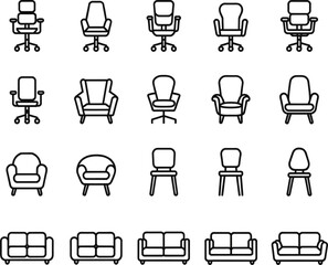 Modern Furniture Icons: Chairs, Sofas, and Armchairs in Minimalist Line Art Design for Home Decor