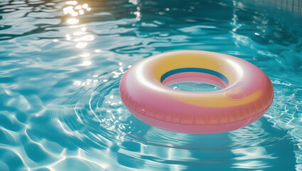Bright Inflatable Ring Floating in Clear Swimming Pool for Summer Relaxation and Fun