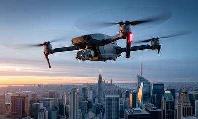Commercial Drone Flying Over City Skyline During Sunset