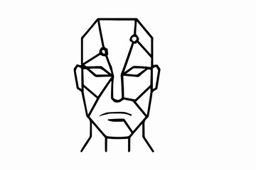 Geometric Robot Face Design A Minimalist Black and White Illustration of a Futuristic Humanoid Head with Angular Lines and Circuitry Details on a Clean White