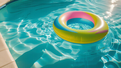 Bright Inflatable Ring Floating in Clear Swimming Pool for Summer Relaxation and Fun