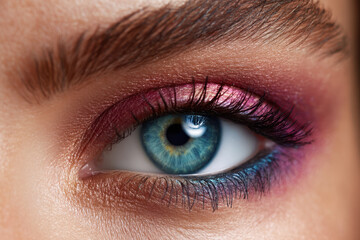 Obraz premium Stunning makeup showcasing vibrant colors around a captivating blue-green eye
