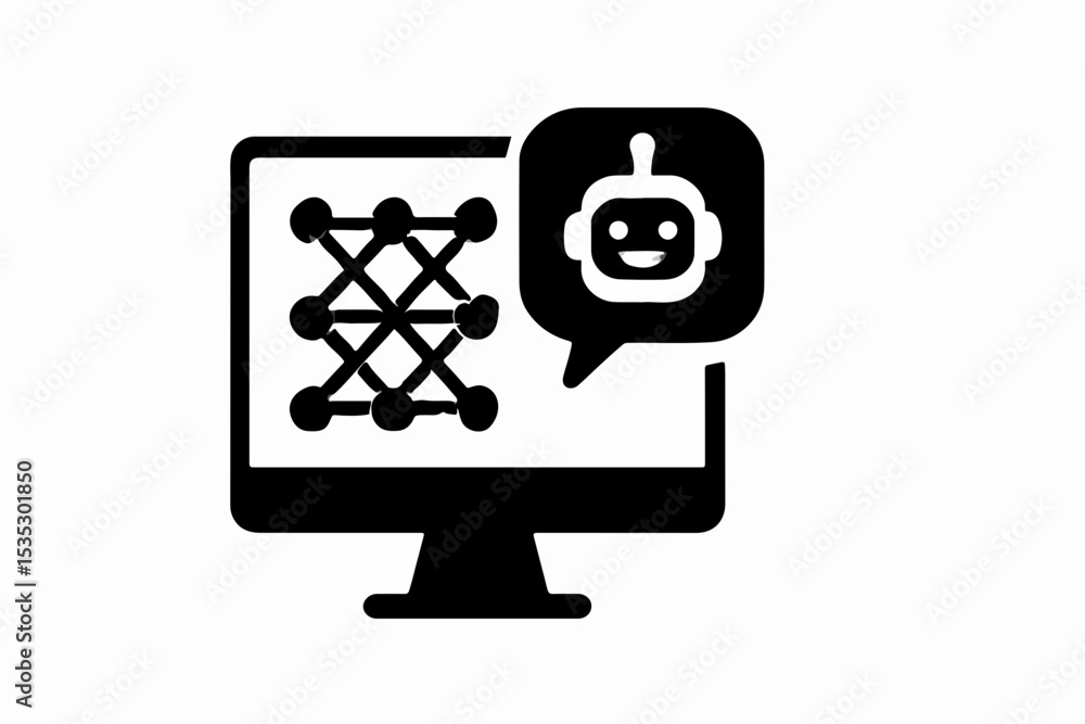 Poster artificial intelligence and machine learning on a computer screen with a chatbot assistant represent